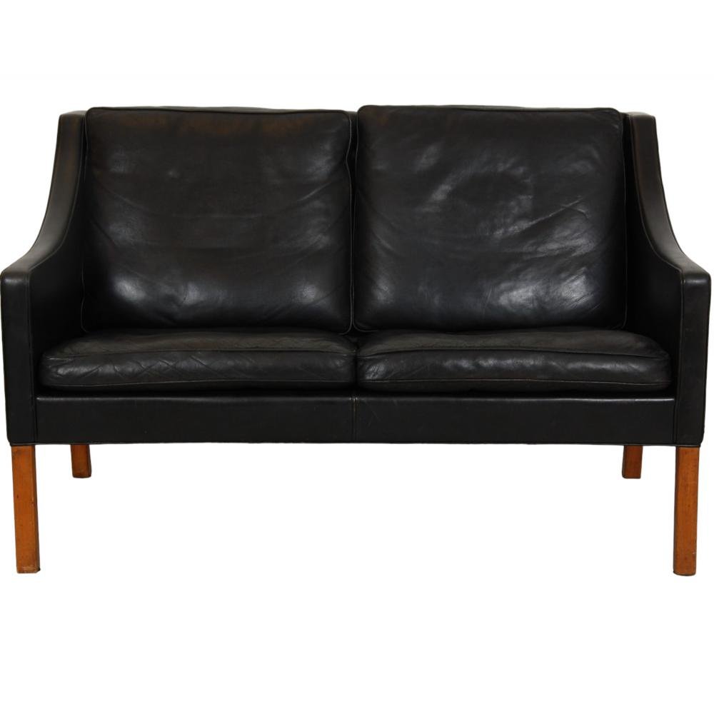 Model 2208 2-Seater Sofa in Patinated Black Leather by Børge Mogensen, 1980s