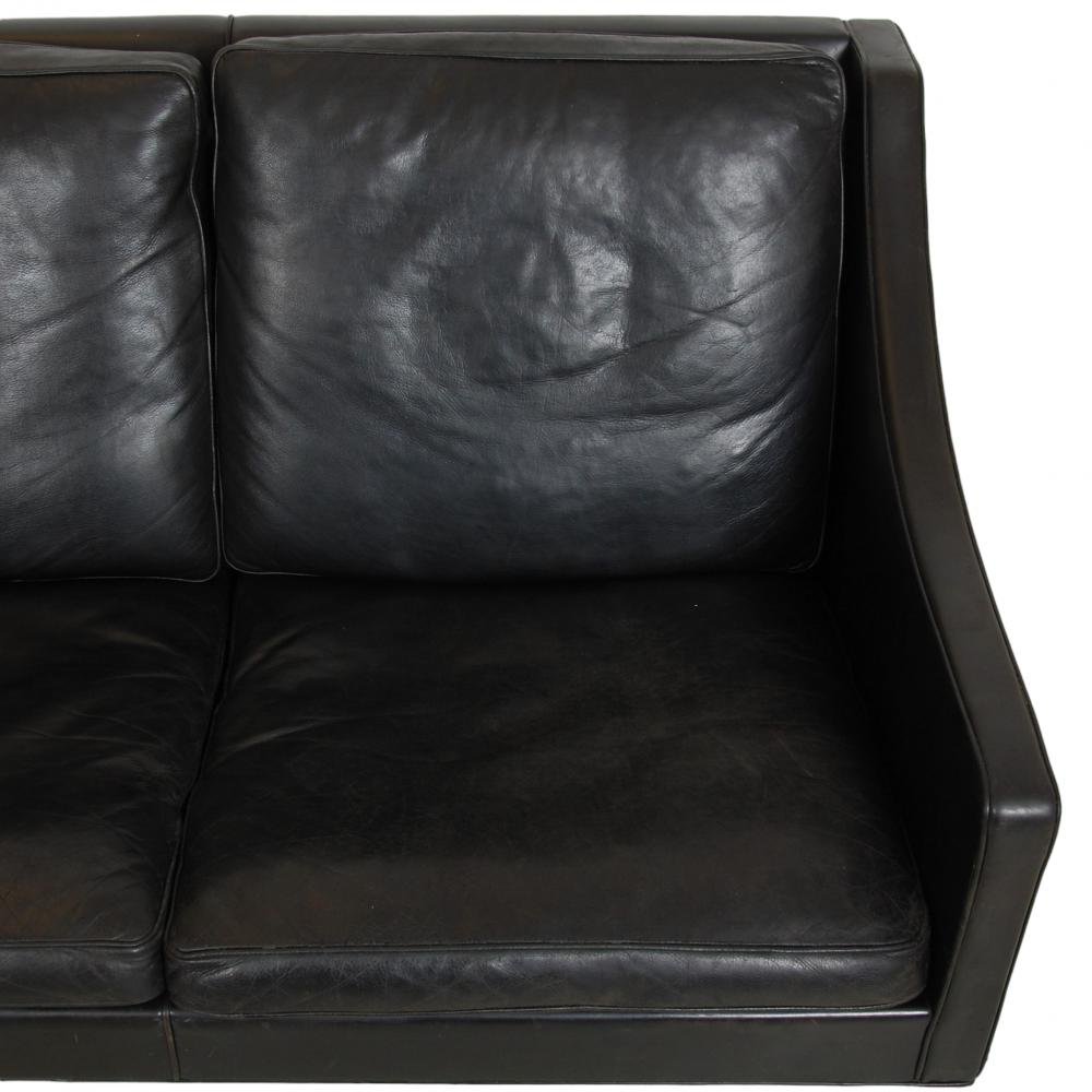 Model 2208 2-Seater Sofa in Patinated Black Leather by Børge Mogensen, 1980s