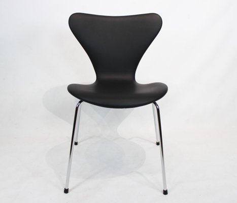 Model 3107 Dining Chair in Black Leather by Arne Jacobsen for Fritz Hansen, 1980s-UY-570021