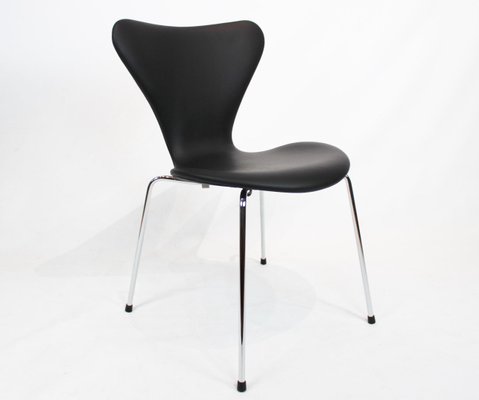 Model 3107 Dining Chair in Black Leather by Arne Jacobsen for Fritz Hansen, 1980s-UY-570021