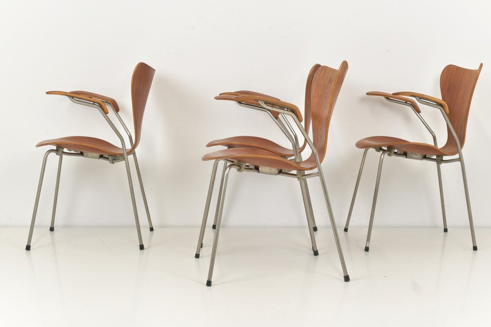 Model 3207 Chairs in Teak by Arne Jacobsen for Fritz Hansen, Denmark, 1955, Set of 4