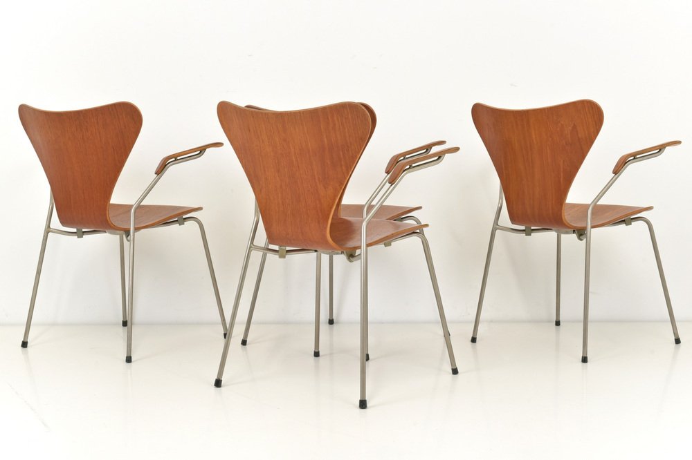 Model 3207 Chairs in Teak by Arne Jacobsen for Fritz Hansen, Denmark, 1955, Set of 4