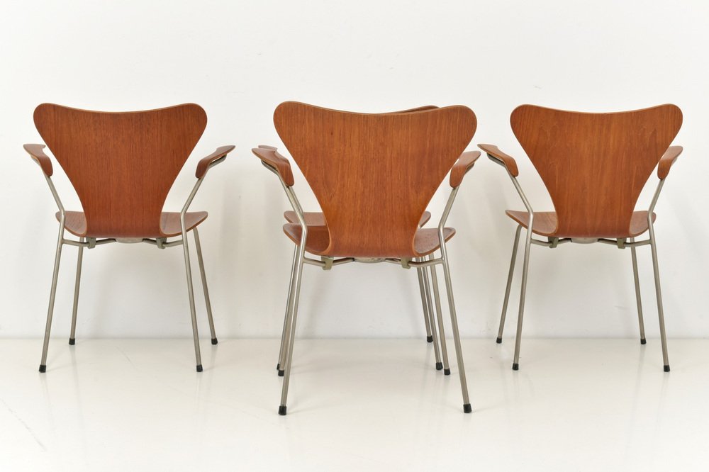 Model 3207 Chairs in Teak by Arne Jacobsen for Fritz Hansen, Denmark, 1955, Set of 4