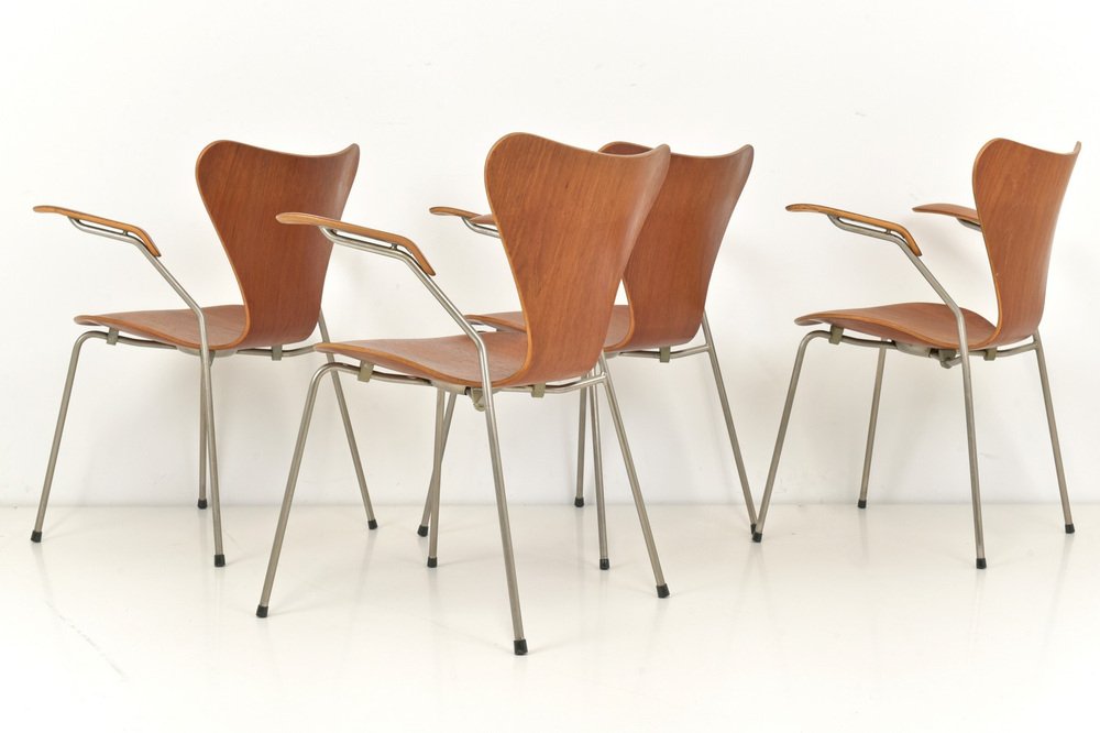 Model 3207 Chairs in Teak by Arne Jacobsen for Fritz Hansen, Denmark, 1955, Set of 4