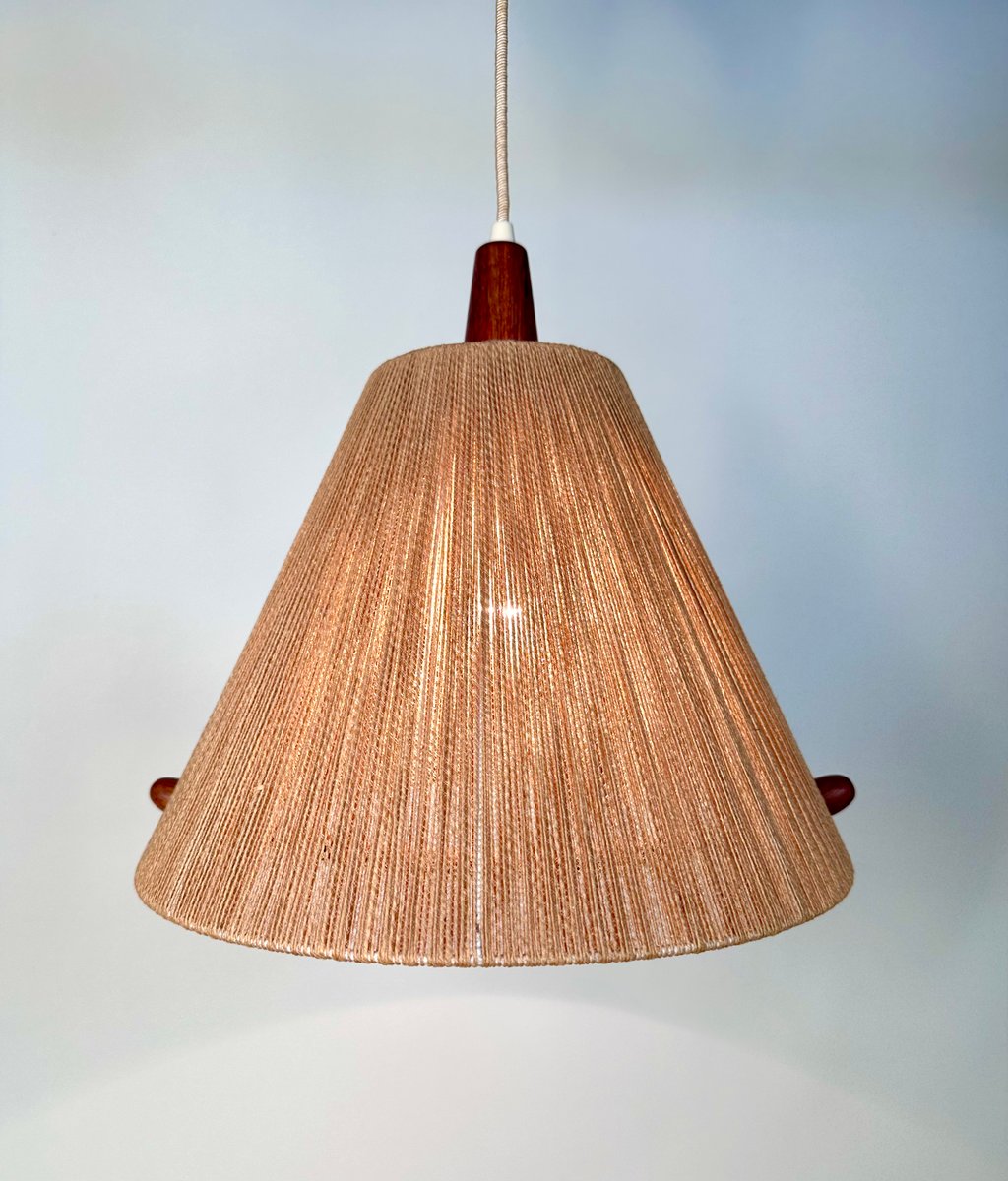 Model 324 Height Adjustable Teak and Sisal Cord Hanging Lamp from Temde Leuchten, 1950s