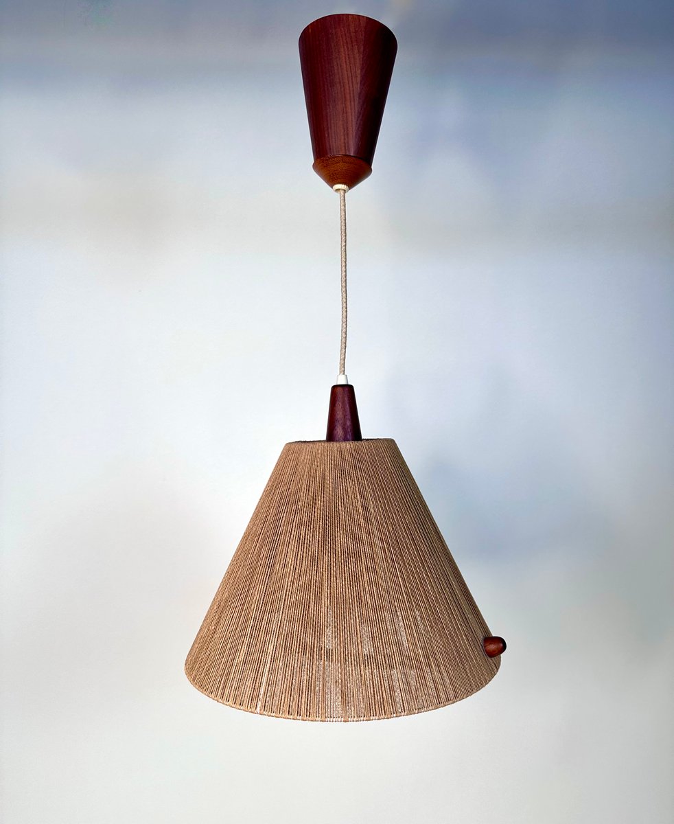 Model 324 Height Adjustable Teak and Sisal Cord Hanging Lamp from Temde Leuchten, 1950s