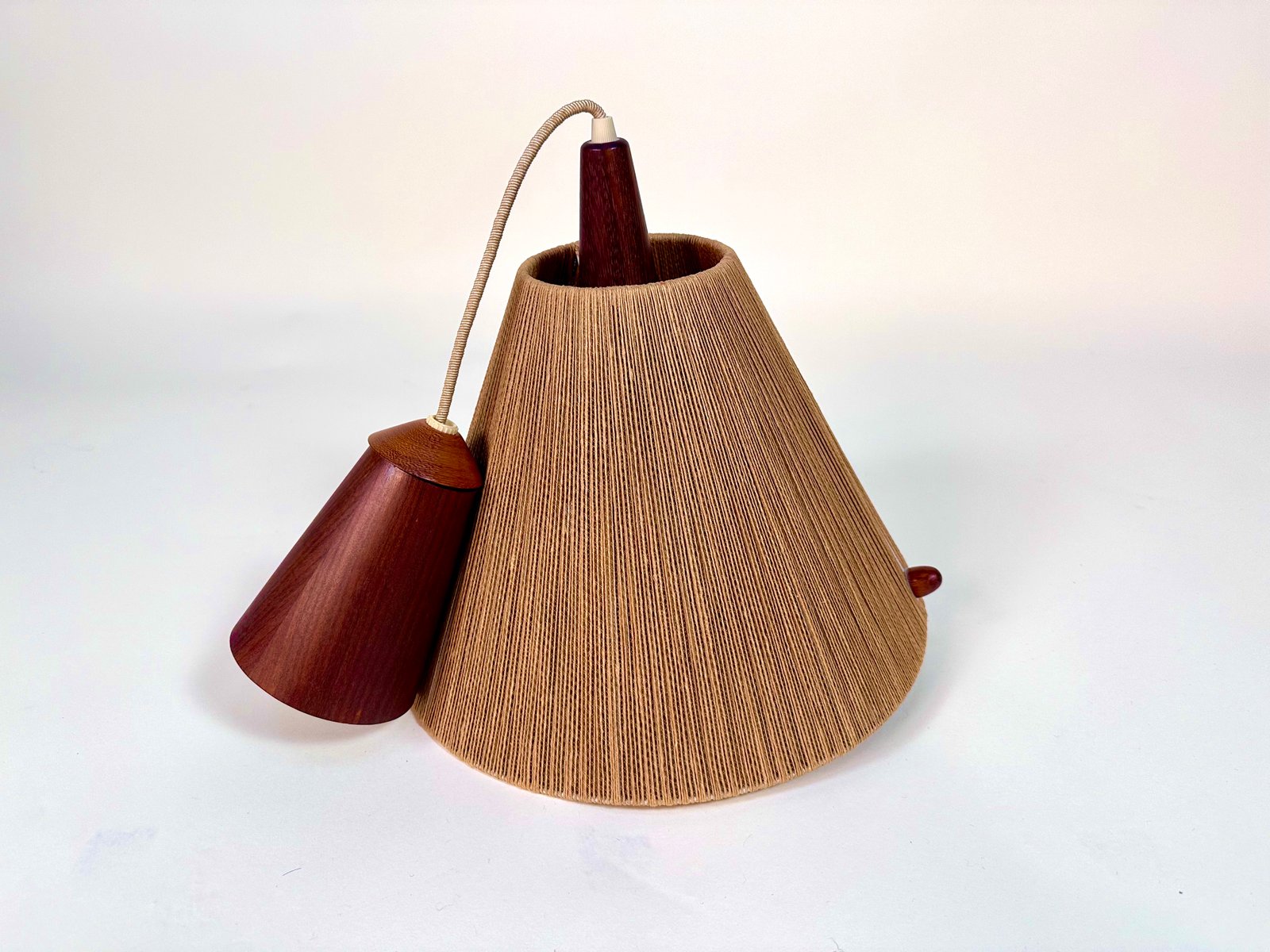 Model 324 Height Adjustable Teak and Sisal Cord Hanging Lamp from Temde Leuchten, 1950s