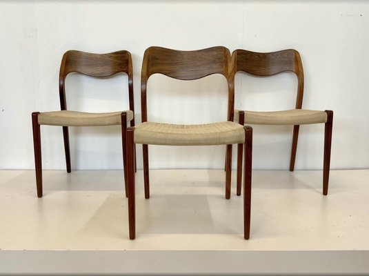 Model 71 Dining Chairs in Walnut and Paper Cord by Niels Otto Møller for J.L. Møllers, 1950s, Set of 3-OHY-1802427