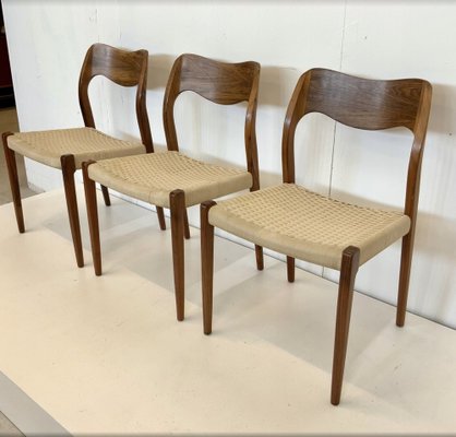 Model 71 Dining Chairs in Walnut and Paper Cord by Niels Otto Møller for J.L. Møllers, 1950s, Set of 3-OHY-1802427