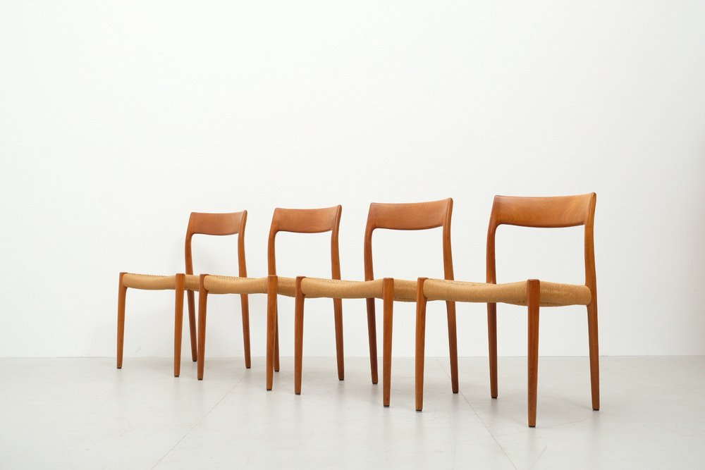 Model 77 Chairs in Teak and Papercord by Niels Møller, 1960, Set of 4