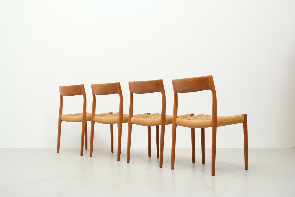 Model 77 Chairs in Teak and Papercord by Niels Møller, 1960, Set of 4