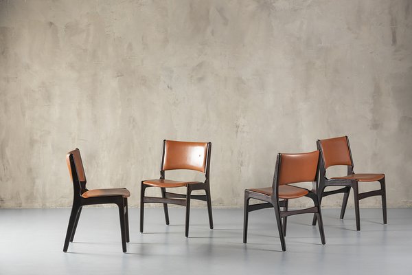 Model 89 Teak and Leather Chairs by Erik Buch, 1970s, Set of 4-SPE-1802934