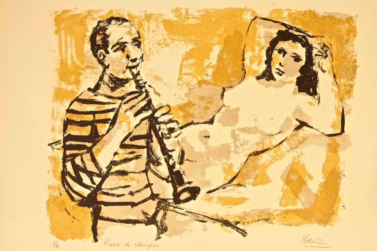 Model with Musician - Original Lithograph by Miguel Ibarz - Late 1900 Late 1900