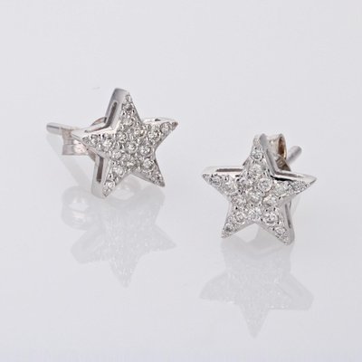 Modern 18 Karat White Gold and Diamond Star Stud Earrings, Set of 2-OLU-1731242