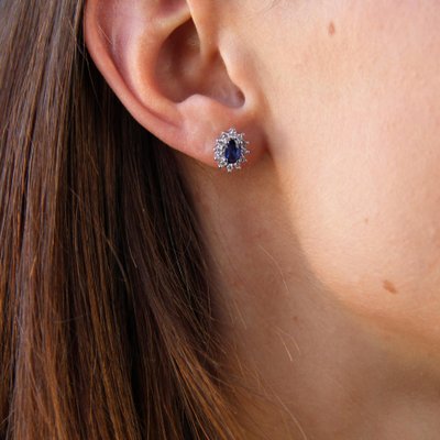 Modern 18 Karat White Gold Daisy Stud Earrings with Sapphire and Diamonds, Set of 2-OLU-1731245