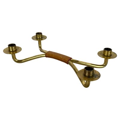 Modern Auböck Style Brutalist Brass and Leather Candleholder, 1950s-QZ-1814032