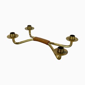 Modern Auböck Style Brutalist Brass and Leather Candleholder, 1950s-QZ-1814032