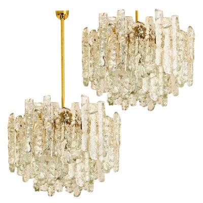 Modern Brass Two-Tiered Ice Glass Chandeliers from Kalmar, 1970s , Set of 2-VDW-902900