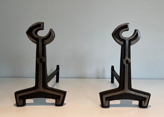 Modern Cast Iron and Wrought Iron Andirons, 1950s, Set of 2-BA-1479947