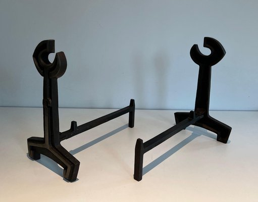 Modern Cast Iron and Wrought Iron Andirons, 1950s, Set of 2-BA-1479947