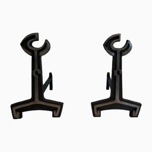 Modern Cast Iron and Wrought Iron Andirons, 1950s, Set of 2-BA-1479947