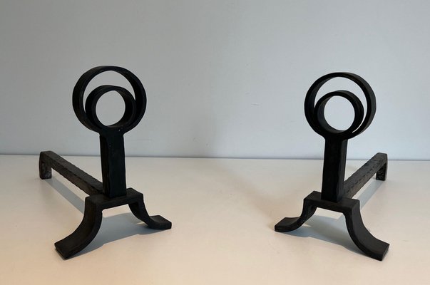 Modern Cast Iron and Wrought Iron Chenets in the style of Jacques Adnet, 1940s, Set of 2-BA-1481501