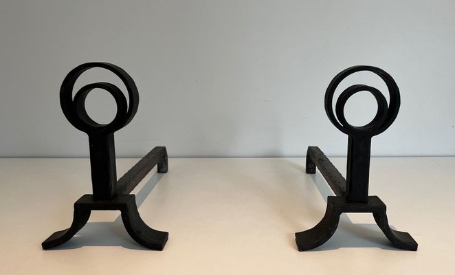 Modern Cast Iron and Wrought Iron Chenets in the style of Jacques Adnet, 1940s, Set of 2-BA-1481501