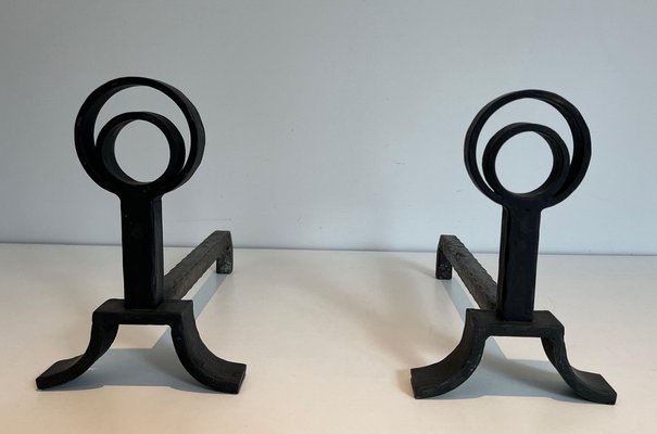 Modern Cast Iron and Wrought Iron Chenets in the style of Jacques Adnet, 1940s, Set of 2-BA-1481501