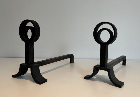 Modern Cast Iron and Wrought Iron Chenets in the style of Jacques Adnet, 1940s, Set of 2-BA-1481501