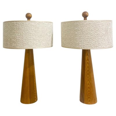 Modern Conical Wooden Table Lamps with Boucle Lampshade, Italy, Set of 2-FGA-2042649