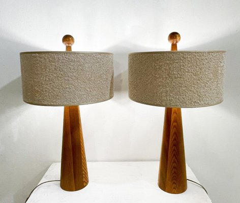 Modern Conical Wooden Table Lamps with Boucle Lampshade, Italy, Set of 2-FGA-2042649