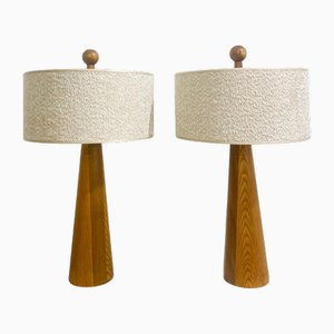 Modern Conical Wooden Table Lamps with Boucle Lampshade, Italy, Set of 2-FGA-2042649