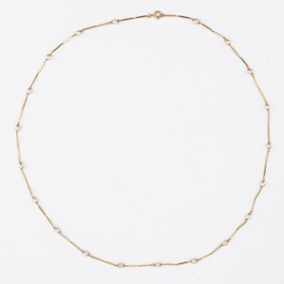 Modern Cultured Pearls Stick Mesh Necklace in 18 Karat Yellow Gold-OLU-1241729