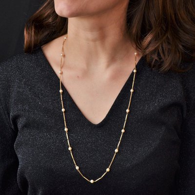 Modern Cultured Pearls Stick Mesh Necklace in 18 Karat Yellow Gold-OLU-1241729