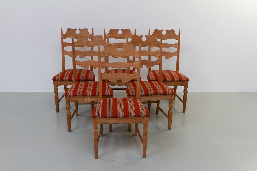 Modern Danish Highback Razorblade Oak Chairs by Kjærnulf, 1960s, Set of 6