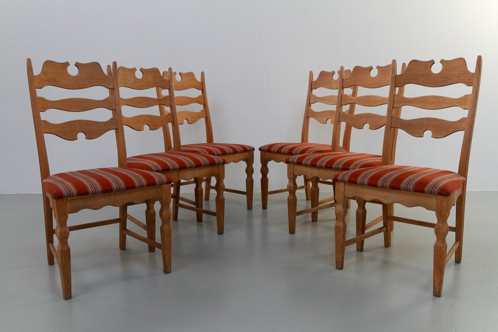 Modern Danish Highback Razorblade Oak Chairs by Kjærnulf, 1960s, Set of 6