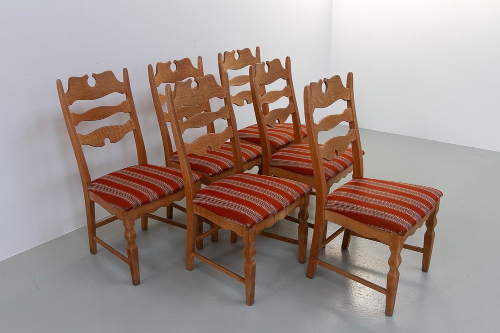 Modern Danish Highback Razorblade Oak Chairs by Kjærnulf, 1960s, Set of 6