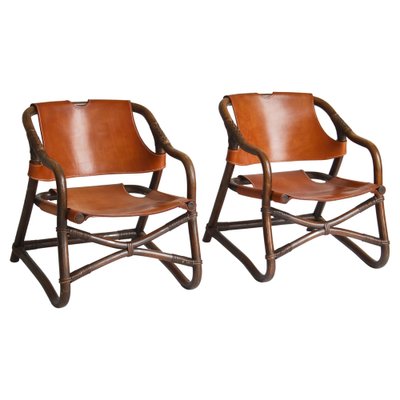 Modern Danish Lounge Chairs Manilla in Stained Bamboo and Saddle Leather, 1960s, Set of 2-WRF-1321043