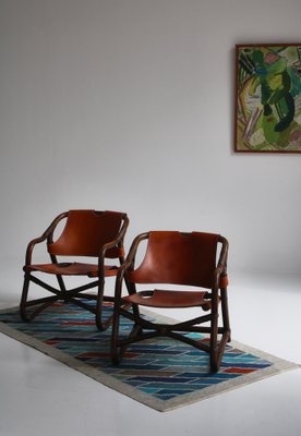 Modern Danish Lounge Chairs Manilla in Stained Bamboo and Saddle Leather, 1960s, Set of 2-WRF-1321043