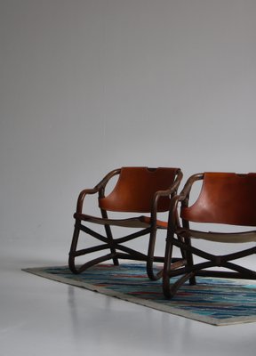 Modern Danish Lounge Chairs Manilla in Stained Bamboo and Saddle Leather, 1960s, Set of 2-WRF-1321043