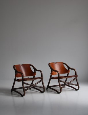 Modern Danish Lounge Chairs Manilla in Stained Bamboo and Saddle Leather, 1960s, Set of 2-WRF-1321043