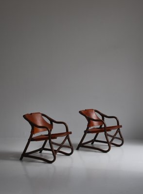 Modern Danish Lounge Chairs Manilla in Stained Bamboo and Saddle Leather, 1960s, Set of 2-WRF-1321043