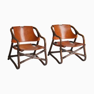 Modern Danish Lounge Chairs Manilla in Stained Bamboo and Saddle Leather, 1960s, Set of 2-WRF-1321043