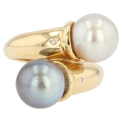 Modern Diamonds , White and Gray Pearl Duo Ring in 18 Karat Yellow Gold-OLU-1044637