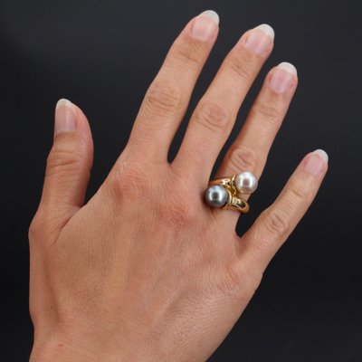 Modern Diamonds , White and Gray Pearl Duo Ring in 18 Karat Yellow Gold-OLU-1044637