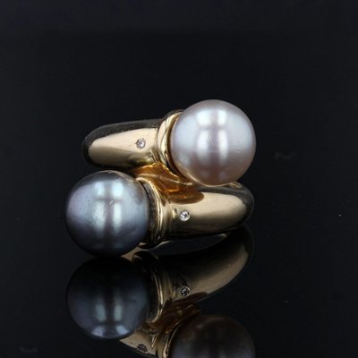 Modern Diamonds , White and Gray Pearl Duo Ring in 18 Karat Yellow Gold-OLU-1044637