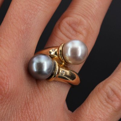 Modern Diamonds , White and Gray Pearl Duo Ring in 18 Karat Yellow Gold-OLU-1044637