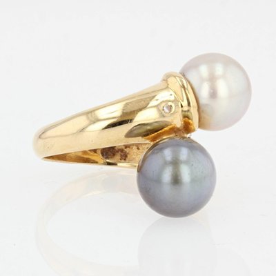 Modern Diamonds , White and Gray Pearl Duo Ring in 18 Karat Yellow Gold-OLU-1044637