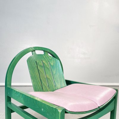 Modern French Pink Leather and Green Wood Argos Armchairs attributed to Baumann, 1970s, Set of 4-GDD-1446856