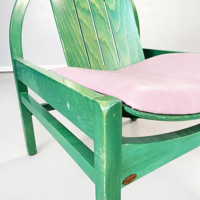 Modern French Pink Leather and Green Wood Argos Armchairs attributed to Baumann, 1970s, Set of 4-GDD-1446856